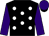 Black, white spots, purple sleeves and cap, black peak