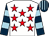 White, red stars, dark blue & light blue hooped sleeves, dark blue & light blue striped cap
