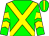 Green, yellow cross sashes, green sleeves, yellow chevrons, green cap, yellow stripe