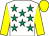 White, emerald green stars, yellow sleeves and cap