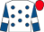 White, royal blue spots, royal blue sleeves, white armlets, red cap