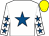 White, royal blue star, white sleeves, royal blue stars, yellow cap