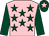 Pink, dark green stars and sleeves, dark green cap, pink star