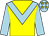 yellow, light blue chevron, light blue sleeves, yellow stars on light blue cap