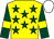 Yellow, dark green stars, dark green sleeves, yellow armlets, white cap