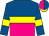 Royal blue and magenta halved horizontally, yellow band and armband, magenta and royal blue halved cap, yellow peak