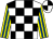 White and black check, yellow and royal blue striped sleeves, white and black quartered cap