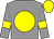 Grey body, yellow disc, grey arms, yellow armlets, yellow cap