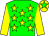 Green body, yellow stars, yellow arms, yellow cap, green star