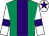 Emerald green, purple stripe, white sleeves, purple armlets and star on white cap