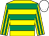 Yellow, emerald green hoops, striped sleeves, white cap