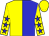 yellow and blue halved, blue stars on yellow sleeves, yellow cap