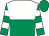 White and  emerald green halved horizontally, emerald green sleeves, white hoops on sleeves, emerald green cap