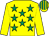 Yellow, emerald green stars, yellow sleeves, striped cap