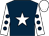 dark blue, white star, white sleeves, dark blue spots, white cap