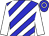 Blue, white diagonal stripes, white sleeves, blue cap, white hoop