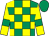 Emerald green and yellow check, yellow sleeves, emerald green armlets, emerald green cap