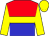 Red and blue halved horizontally, yellow hoop, yellow sleeves, yellow cap