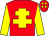 Red body, yellow cross of lorraine, yellow arms, red cap, yellow spots