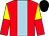 Red, light blue stripe, yellow and red halved sleeves, black cap