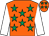 Orange, emerald green stars, white sleeves, orange cap, emerald green stars