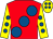 Red, large royal blue spots, yellow sleeves, royal blue spots, yellow cap, royal blue spots