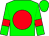 green, red spot, green sleeves, red armlets, green cap, red spot