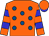 orange, royal blue spots, blue hoops on sleeves, orange cap, blue peak