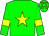 Green body, yellow star, green arms, yellow armlets, green cap, yellow stars