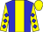 Blue body, yellow stripe, yellow arms, blue diamonds, yellow cap