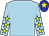light blue, yellow stars on sleeves ,blue cap with yellow star