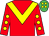 Red,yellow chevron,red sleeves,yellow spots,emGreen cap, yellow spots