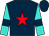 Dark blue, red star, turquoise sleeves, dark blue armlets and cap