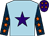 Light blue, purple star, dark blue sleeves, orange stars, purple cap, orange stars