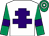 White, purple cross of lorraine, emerald green sleeves, purple armlets, emerald green and white hooped cap