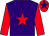 Purple body, red star, red arms, red cap, purple star