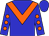 Blue body, orange chevron, blue arms, orange spots, blue cap