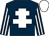 Dark blue, white cross of lorraine, striped sleeves, white cap