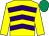 Yellow, purple chevrons, yellow sleeves, emerald green cap