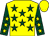 Yellow, dark green stars, dark green sleeves, yellow stars, yellow cap