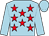 Light blue, red stars, light blue sleeves and cap