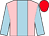 Pink, light blue stripe and sleeves, red cap