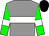 grey, white hoop, green sleeves, white armlets, black cap