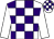 white and purple checks, white sleeves, white and purple checked cap