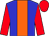 blue, orange stripe, red sleeves and cap