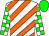 white, orange diagonal stripes, white and green checked sleeves, green cap