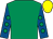 Emerald green, royal blue sleeves, emerald green spots, yellow cap