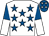 White, royal blue stars, royal blue and white halved sleeves, royal blue cap, white stars