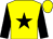Yellow body, black star, black arms, yellow cap