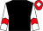 Black body, white arms, red chevron, red cap, white diamond